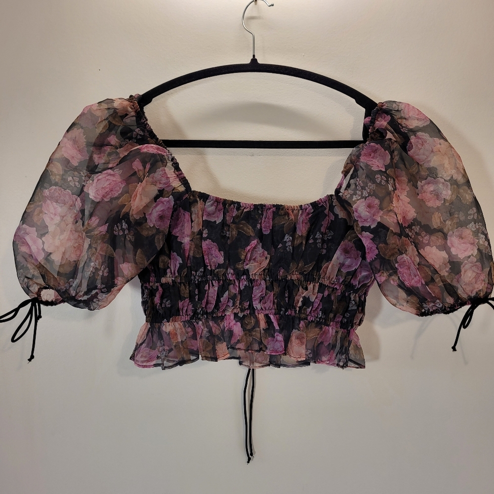 For Love & Lemons Sunshine Sheer Floral Puff Sleeve Crop Top - Size S - Picture 3 of 7